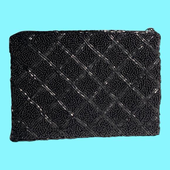Lancome Beaded Clutch Evening Bag Zipper 4 1/2” X 6” Black - Picture 8 of 13